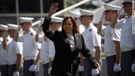 Vice President Kamala Harris arrives at Michie Stadium to deliver the keynote speech at West Point&#39;s graduation ceremony on May 27, 2023 in West Point, New York. Harris is the first woman to give a commencement address in the military academy&#39;s 221-year history.