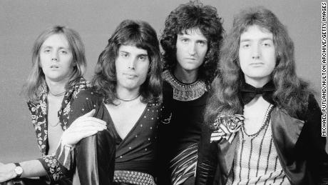 From left): Drummer Roger Taylor, singer Freddie Mercury, guitarist Brian May, and bassist John Deacon of British rock band Queen in 1973. 