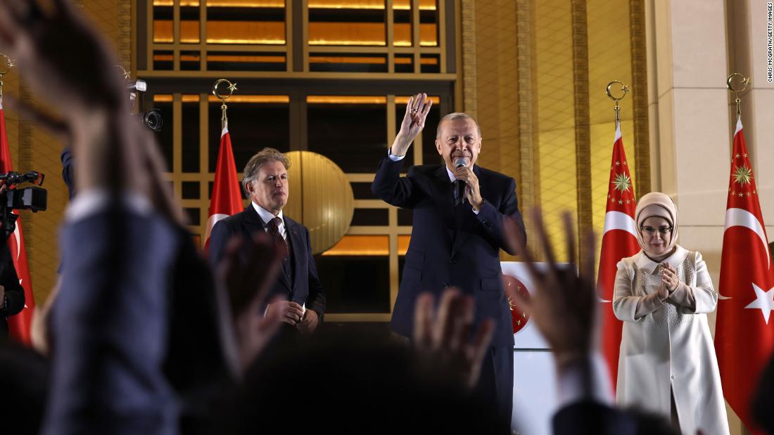 Erdogan speaks to supporters at the presidential palace after winning reelection in a runoff vote in May 2023.