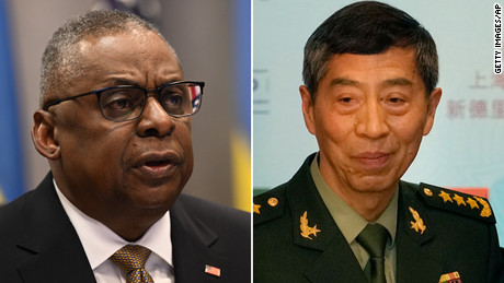 Defense Secretary Lloyd Austin (left) and China&#39;s Minister of National Defense Li Shangfu.