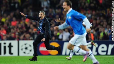 Jose Mourinho celebrates after Inter Milan reaches the 2010 Champions League final.