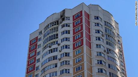 A damaged multi-storey apartment following a reported drone attack in Moscow on Tuesday.
