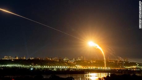 Ukrainian air defense intercepts a Shahed drone mid-air in the third Russia aerial attack on the capital in the last 24 hours in Kyiv, Ukraine, Tuesday, May 30, 2023. 