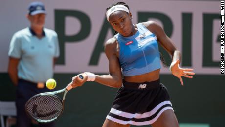 Gauff plays a forehand during the 2023 French Open. 