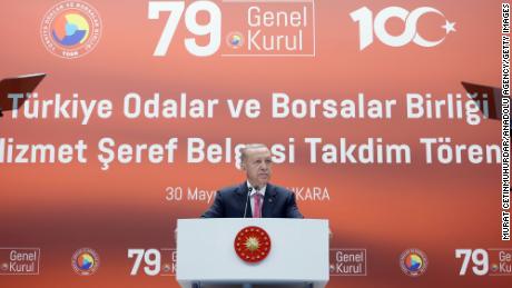 Turkish President Recep Tayyip Erdogan gives a speech during the 79th General Assembly of the Union of Chambers and Commodity Exchanges of Turkey in Ankara on Tuesday.
