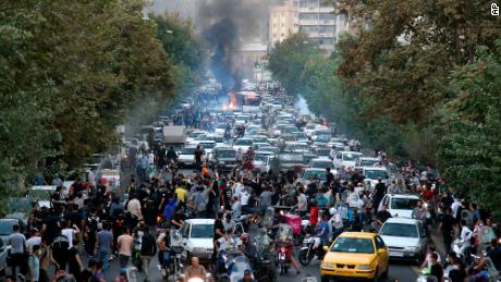 Protesters in downtown Tehran, Iran, after the death Mahsa Amini.