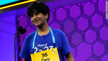 Dev Shah, 14, from Largo, Fla., competes during the finals of the Scripps National Spelling Bee, Thursday, June 1, 2023, in Oxon Hill, Md. (AP Photo/Nathan Howard)