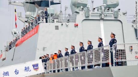 Officers and sailors on board Chinese naval vessel Yantai in east China&#39;s Shandong province on April 25, 2023.