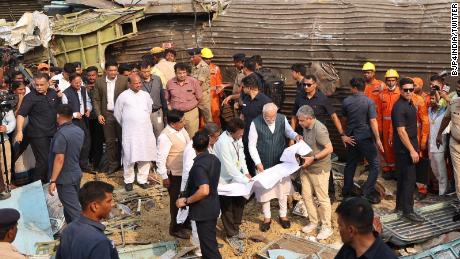Indian Prime Minister Narendra Modi visits the site of a train crash on June 3. 