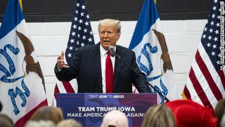 Former US President Donald Trump speaks during a visit to a Team Trump Volunteer Leadership Training, at the Grimes Community Complex in Grimes, Iowa, US, on Thursday, June 1, 2023. Trump returned to the state on Wednesday to begin a series of appearances and interviews, including a Fox News town hall with Sean Hannity that will be broadcast today. Photographer: Al Drago/Bloomberg via Getty Images