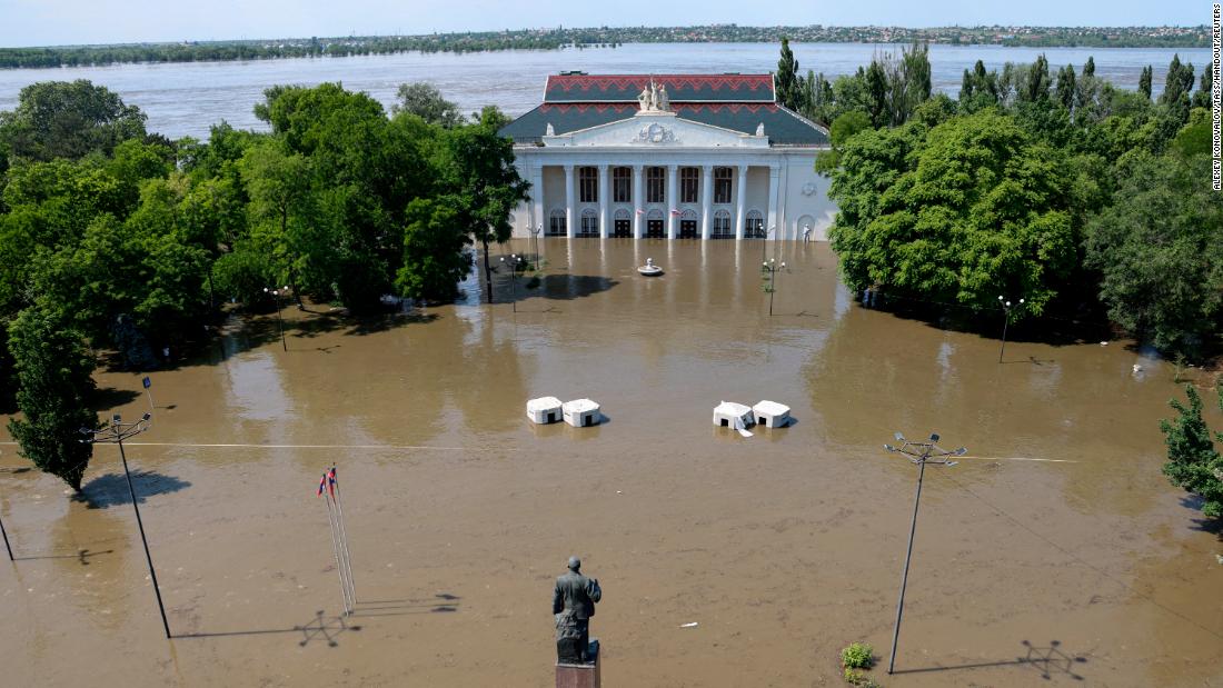 A view shows the House of Culture on a flooded street in Nova Kakhovka.