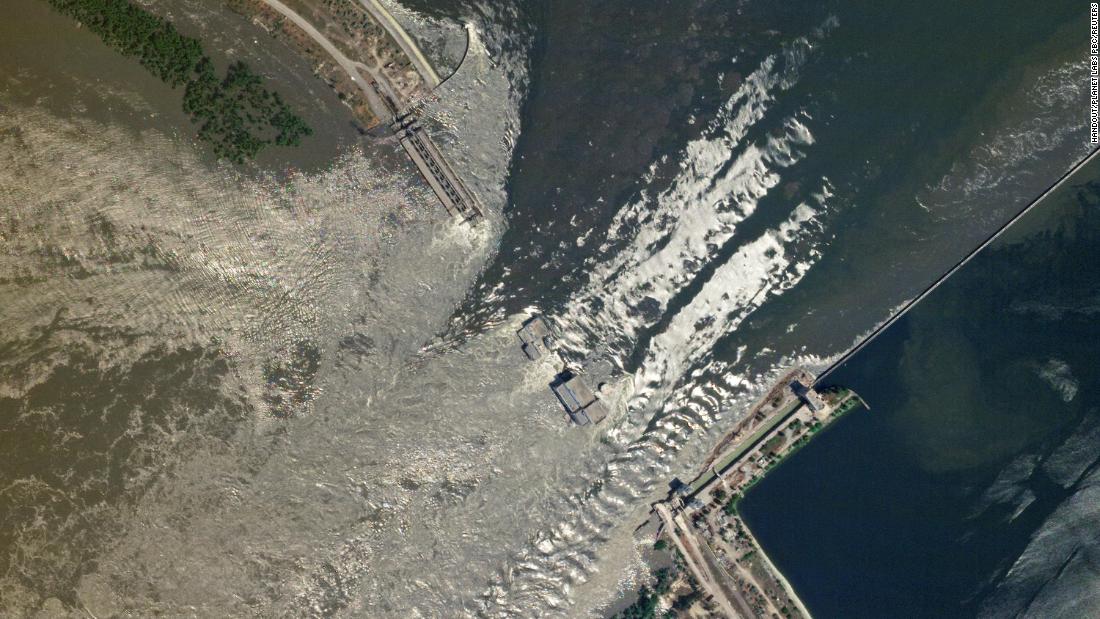 A satellite image shows the collapsed dam on Tuesday, June 6.