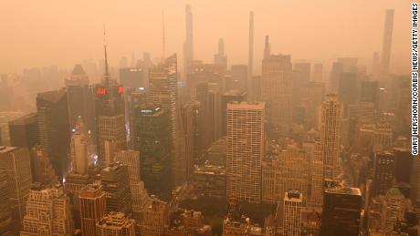 Heavy smoke shrouds buildings around Times Square in New York City on Tuesday.