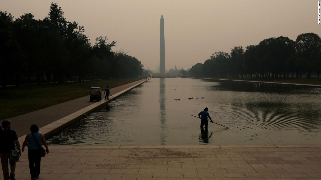 Smoke blankets the Lincoln Memorial Reflecting Pool and the National Mall on June 7.