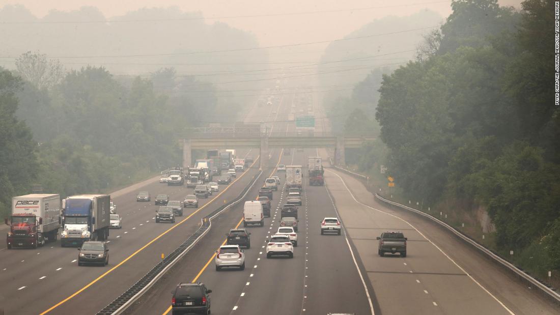 Smoke obscures the view from the New York State Thruway, looking north from West Nyack on June 7.