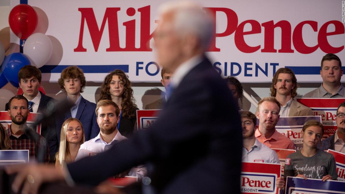 People watch as Pence &lt;a href=&quot;https://www.cnn.com/2023/06/07/politics/pence-2024-presidential-campaign/index.html&quot; target=&quot;_blank&quot;&gt;announces his presidential candidacy&lt;/a&gt; in Ankeny, Iowa, in June 2023. &quot;The American people deserve to know, on (January 6, 2021), President Trump also demanded I choose between him and the Constitution. Now voters will be faced with the same choice. I chose the Constitution, and I always will,&quot; Pence said to applause from the crowd at Des Moines Area Community College.