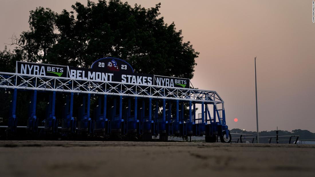 A starting gate is unused at Belmont Park in Elmont, New York, on June 8.