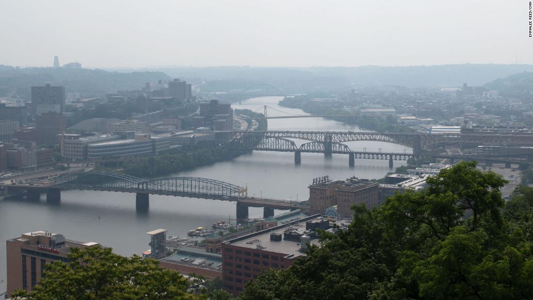 Smoke from Canadian wildfires obscures the visibility in Pittsburgh on June 8.