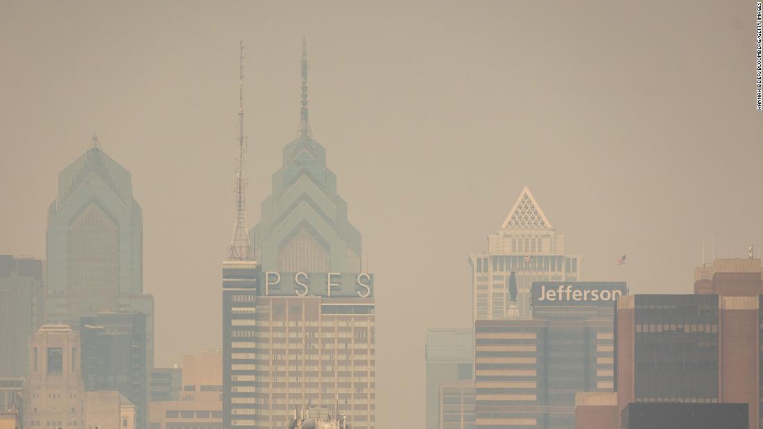 Buildings in the Philadelphia skyline are shrouded in smoke on June 8.