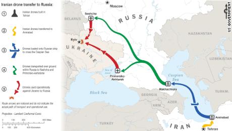  The route Iran is using to send drones and other equipment to Russia, according to the US government.