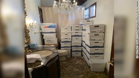 Boxes of classified documents are stored inside a bathroom and shower inside the Mar-a-Lago Club&#39;s Lake Room in this photo included in Donald Trump&#39;s federal indictment.