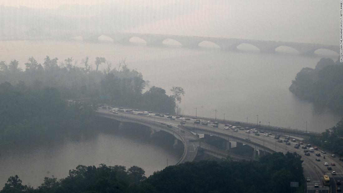 Traffic heads into Washington, DC, under hazy conditions on June 8.