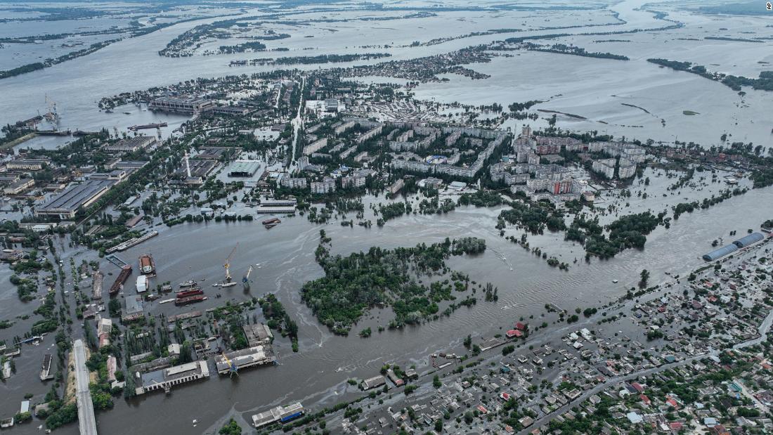 A neighborhood of Kherson, Ukraine, remains flooded Saturday, June 10, following the collapse of the Nova Kakhovka dam days earlier.