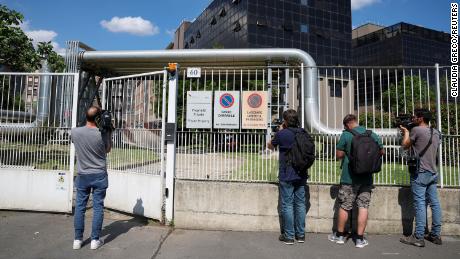Media outside the San Raffaele hospital, where Berlusconi died, on Monday.