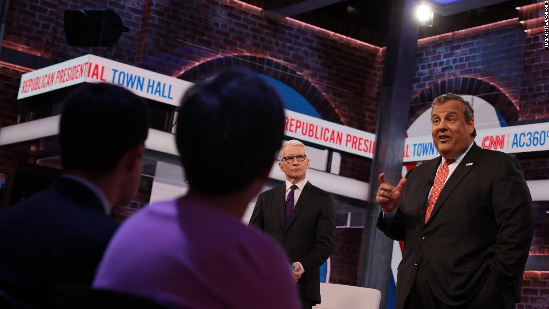 Christie participates in a &lt;a href=&quot;https://www.cnn.com/2023/06/12/politics/chris-christie-cnn-town-hall-takeaways/index.html&quot; target=&quot;_blank&quot;&gt;CNN town hall event&lt;/a&gt; hosted by Anderson Cooper in New York in June 2023.