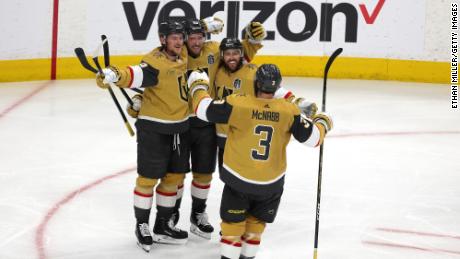 Ivan Barbashev #49 of the Vegas Golden Knights celebrates a goal with teammates during the third period.  
