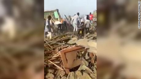 A still from a video shared by Sudan&#39;s health ministry shows the aftermath of an airstrike that killed 17 people, including five children, Saturday.