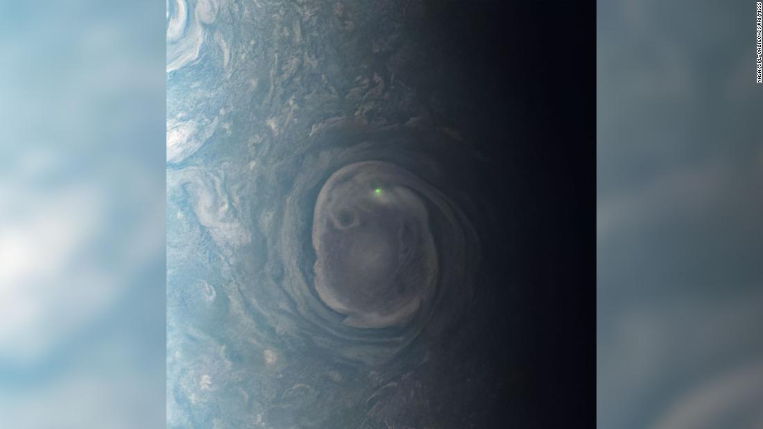 In this image captured on December 30, 2020, Juno spotted lightning striking near Jupiter&#39;s north pole. 