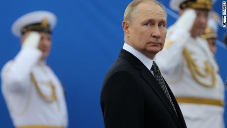 SAINT PETERSBURG, RUSSIA - JULY 31: (RUSSIA OUT) Russian President Vladimir Putin seen during the Navy Day Parade, on July, 31 2022, in Saint Petersburg, Russia. President Vladimir Putin has arrived to Saint Petersburg to review Main Naval Parade involving over 50 military ships on Russia&#39;s Navy Day. (Photo by Contributor/Getty Images)