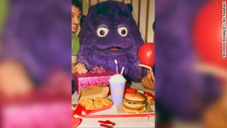 A photo from McDonald&#39;s Instagram ad campaign for &quot;Grimace&#39;s birthday.&quot; 