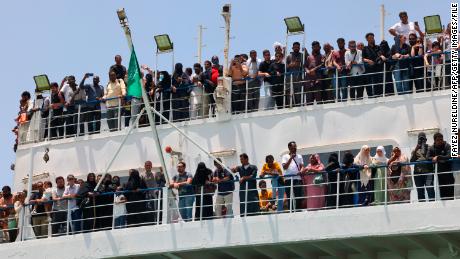 A ferry transports some 1900 evacuees across the Red Sea from Port Sudan to the Saudi King Faisal navy base in Jeddah.