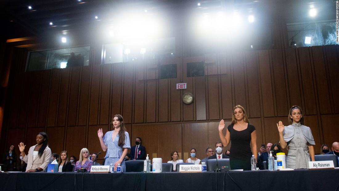 From left, Biles, McKayla Maroney, Maggie Nichols and Aly Raisman are sworn in to testify before the Senate Judiciary Committee in September 2021. They &lt;a href=&quot;https://www.cnn.com/2021/09/15/politics/gymnasts-senate-judiciary-committee-larry-nassar-hearing/index.html&quot; target=&quot;_blank&quot;&gt;sharply criticized&lt;/a&gt; how FBI agents handled the sexual abuse allegations against Larry Nassar, the former USA Gymnastics team doctor now serving a long prison sentence.