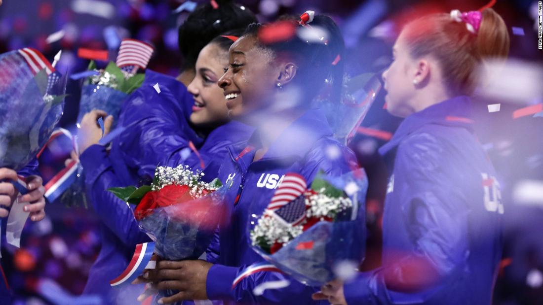 Biles celebrates with her teammates after the US Olympic Trials in 2016.