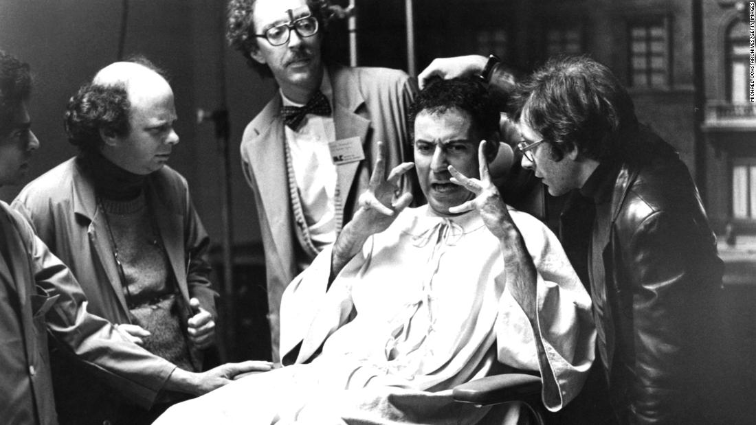 From left, actors Wallace Shawn, William Finley, Arkin and Austin Pendleton are seen on the set of the 1980 film &quot;Simon.&quot;