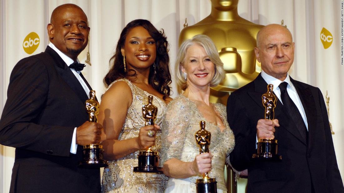 From left, actors Forest Whitaker, Jennifer Hudson, Helen Mirren and Arkin hold their Oscars in 2007.