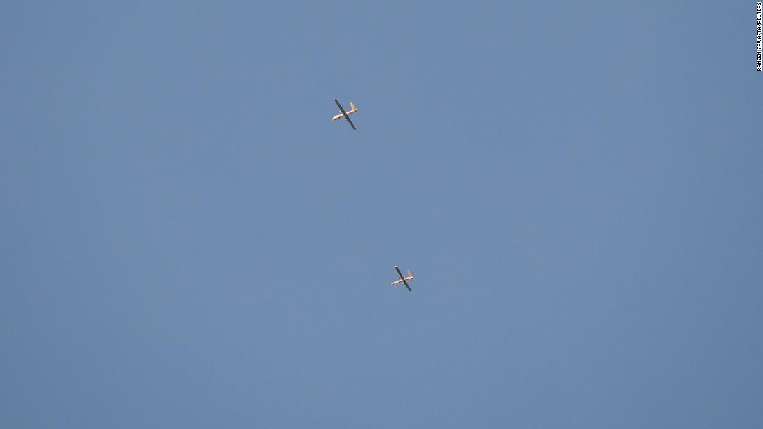 Aerial vehicles fly during the Israeli military operation in Jenin on Monday.