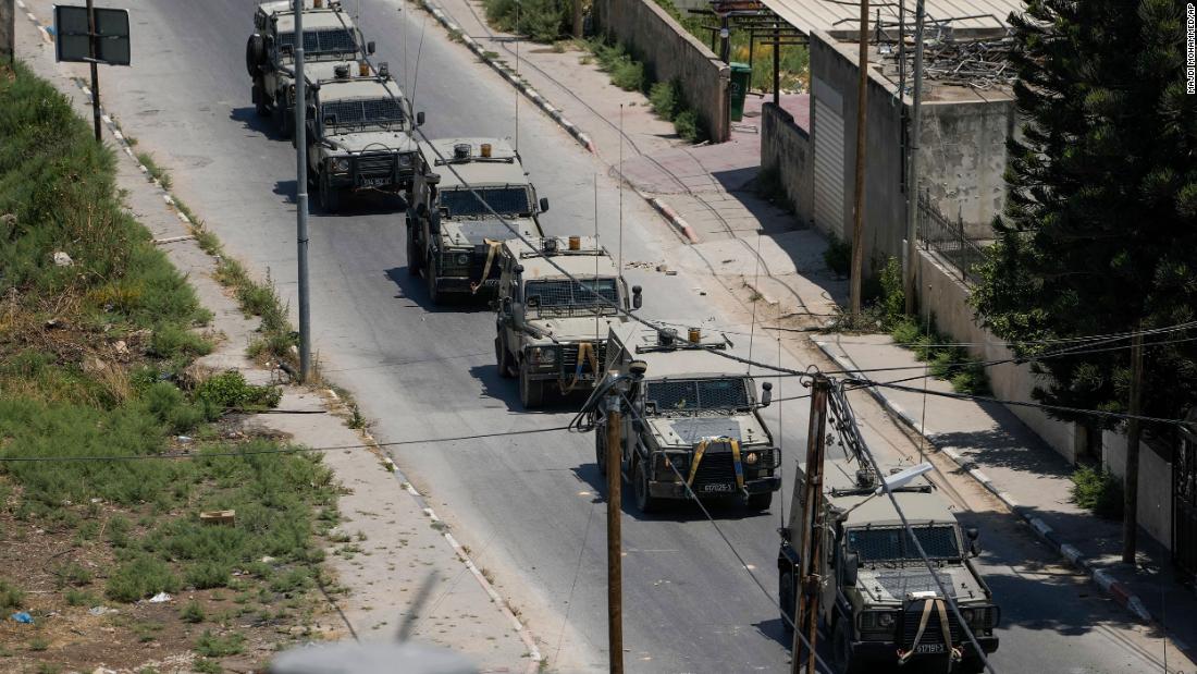 A convoy of Israeli army vehicles during the incursion in Jenin on Monday.