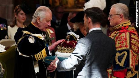King Charles III is presented with the Crown of Scotland at St. Giles&#39; Cathedral, Edinburgh on July 5, 2023. 