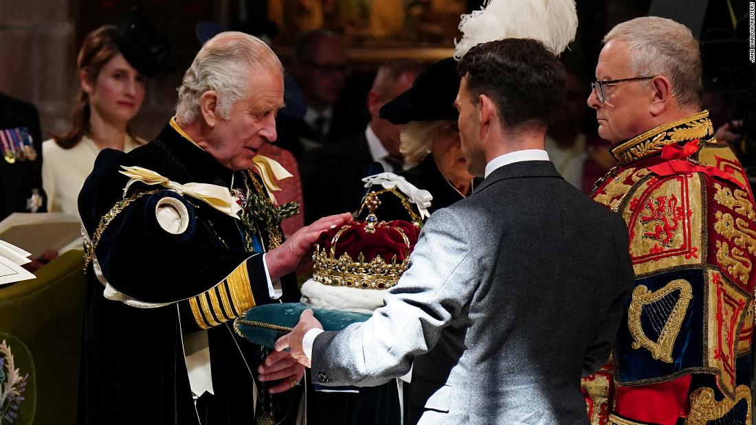 Charles is presented with the Crown of Scotland during a service of thanksgiving that was held at the St. Giles&#39; Cathedral in Edinburgh, Scotland, in July 2023. Scotland was celebrating the King&#39;s recent coronation with a &lt;a href=&quot;https://www.cnn.com/2023/07/05/europe/scotland-marks-coronation-charles-royals-gbr-intl/index.html&quot; target=&quot;_blank&quot;&gt;day of festivities&lt;/a&gt;.