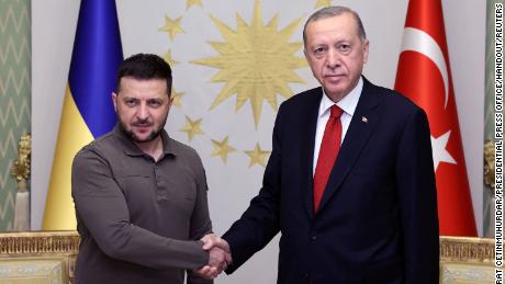 Turkish President Recep Tayyip Erdogan (right) met with Ukraine&#39;s President Volodymyr Zelensky in Istanbul, Turkey July 7, 2023. 