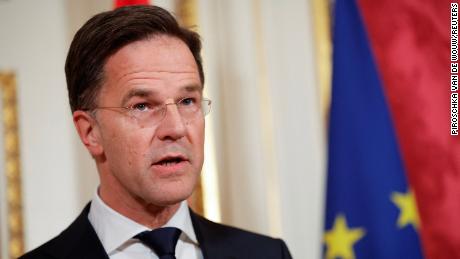 Dutch Prime Minister Mark Rutte speaks at a news conference with French President Emmanuel Macron (not pictured) during Macron&#39;s state visit to the Netherlands, in Amsterdam, Netherlands April 12, 2023. REUTERS/Piroschka van de Wouw

