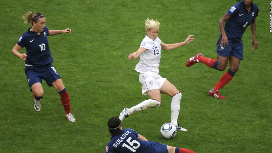 Rapinoe handles the ball during the United States&#39; semi-final match against France at the 2011 World Cup. They would go on to defeat France before losing in the championship game to Japan.