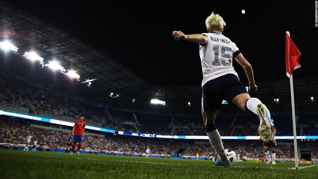 Rapinoe plays a cornerkick during a match against South Korea in Harrison, New Jersey, in 2013.