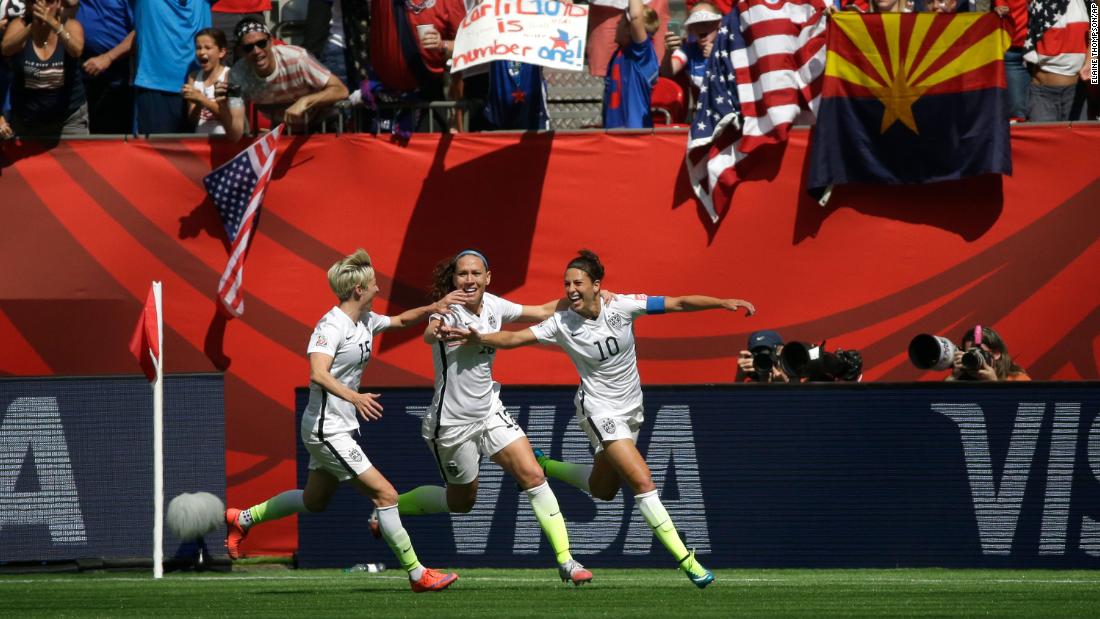 From left, Rapinoe, Lauren Holiday and Carli Lloyd celebrate Lloyd&#39;s second goal during the 2015 World Cup championship match against Japan, on their way to winning the title.