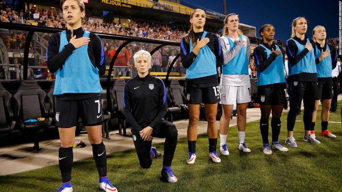 Rapinoe kneels during the National Anthem before a match against Thailand in Columbus, Ohio, in 2016. She was &lt;a href=&quot;https://bleacherreport.com/articles/2663982-megan-rapinoe-kneels-during-national-anthem-before-usa-vs-thailand&quot; target=&quot;_blank&quot;&gt;protesting racial injustice&lt;/a&gt; in solidarity with San Francisco 49ers quarterback Colin Kaepernick.