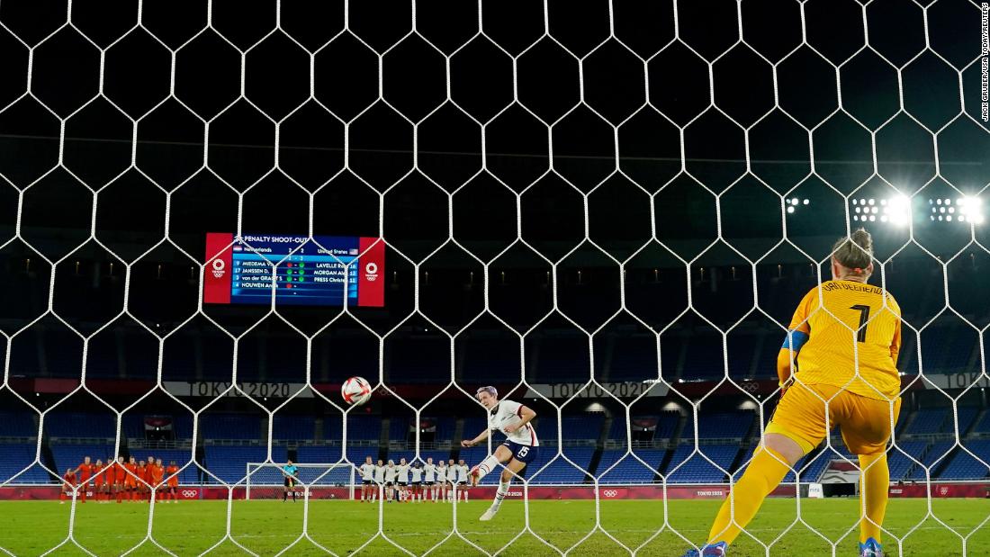 Rapinoe scores the game-winning penalty kick against the Netherlands during the quarterfinals of the Tokyo Olympics in July 2021. The goal advanced the United States&#39; to the semifinals.